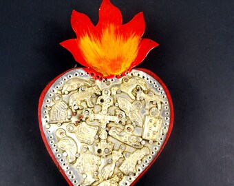 Vintage Sacred Heart with Milagros Art Wall Hanging, Hecho En Mexico, Mexican Folk Art