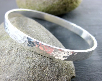 Heavy Sterling Silver Bangle Bracelet, Hammered Silver Bracelet, Simple Bracelet, 6mm Wide Stacking Bracelet, Everyday Minimalist Jewelry