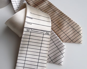 Library date due necktie. Due date card tie. Silkscreen printed men's tie. Literary, teacher, librarian, writer, bookworm, reading gift.