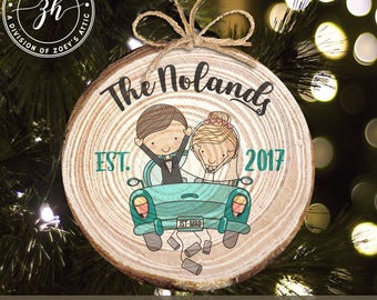 First Christmas just married vintage car wood slice ornament - great Christmas gift for newlywed couple MWO-030