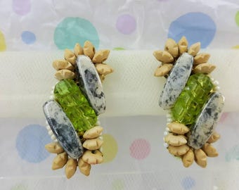 Hobe Beaded Green clip earrings Mint Condition Art Deco Gold setting Bright Cheery Exotic