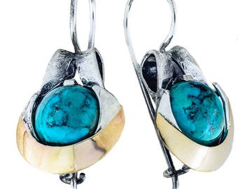 Silver and Gold Earrings, Turquoise Earrings, Sterling Silver Earrings, Silver Jewelry