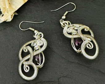 Sterling Silver Earrings, Amethyst Earrings, Dangle Earrings, Wire Wrap Earrings, Purple Stone Earrings, Gemstone Earrings