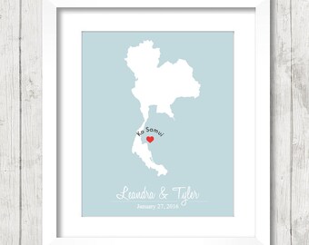 8x10 Thailand Love Map - Ko Samui, Thailand - Love Map - Destination Wedding - Thailand Honeymoon - Engagement Gift - Newlyweds