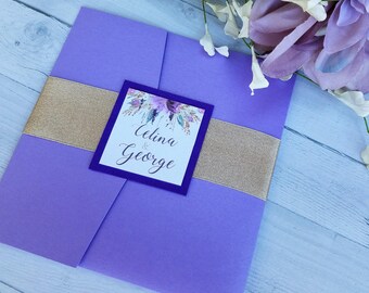 Elegant Floral Purple and Gold Wedding Invitation