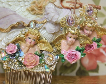 Hand Painted Cherub Angel Pink Crystal Rose Studs Earrings