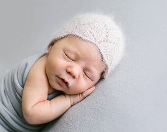 Angora leaf lace knit newborn bonnet, newborn photography prop, ready to ship