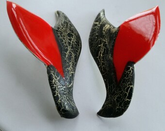 Black & Red Earrings - Ceramic Earrings - New Wave Earrings - Retro 1980's Jewelry - 1980's Earrings