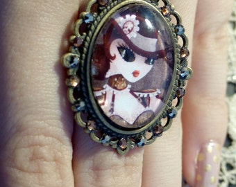 Steam T adjustable ring, cameo with Swarovski crystals