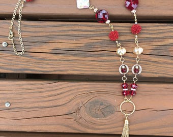 Red Beaded Necklace - Tassel Necklace - BOHO Tassel Tecklace - Red Beaded Tassel Necklace (Item #0815)