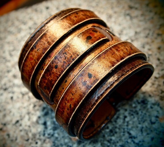 Leather cuff bracelet Destroyed Brown finish burnished and waxed wristband Made for YOU in USA by Freddie Matara!