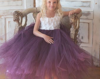 Flower girl dress - Tulle flower girl dress - Plum Dress - Tulle dress-Infant/Toddler - Pageant dress - Princess dress -White flower dress