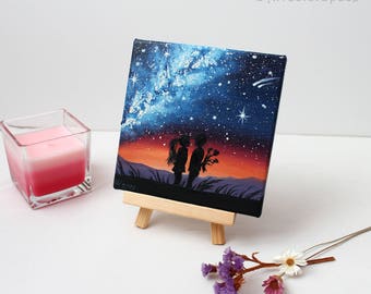 Love painting Valentines Day Gifts for him Galaxy painting Milky Way Children Love couple art Small Oil painting on canvas Sunset painting