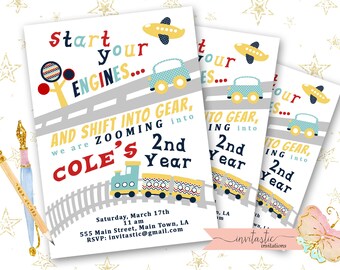 Transportation Birthday Invitation - Plane, Train Automobile Birthday Party Invitation - Automobile Birthday Party Theme, Plane Car Invite