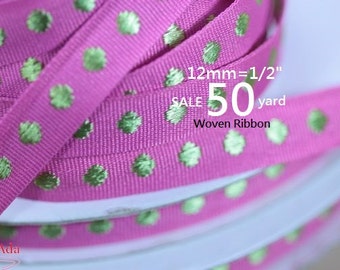 C4E002-12mm(1/2") Bottom Rose Dot Gold Woven Ribbon ,Grosgrain Ribbon(Pick Length).