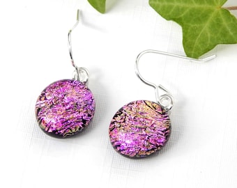 Pink Sparkle Dichroic Glass Dangle Earrings - Fused Glass Jewelry - Pink Art Glass Round Drop Earrings on 925 Sterling Silver Earwires
