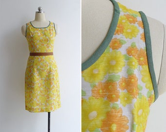 Vintage 70's 'Feedsack Floral' Daisy Cotton Wiggle Dress XXS or XS