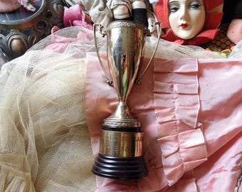 Vintage trophy cup Bridge Champion award vase with handles 50s engraved deco gold toned metal loving cup