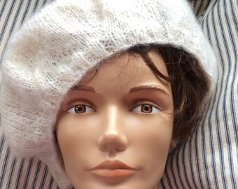 VINTAGE SLOUCHY HAT white knit, winter cap, snow day, beret, spiral design