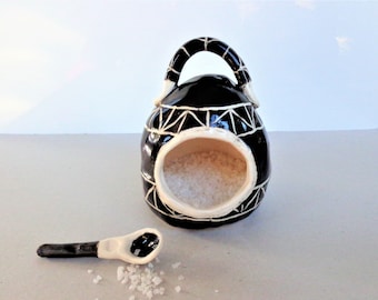 Primitive black and white sgrafitto ceramic salt cellar with spoon, geometric decorated stoneware pottery salt pig