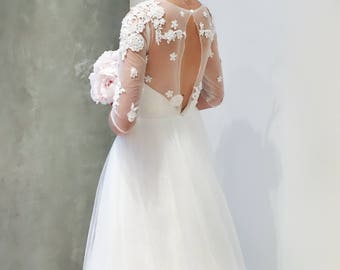 SAMPLE SALE Beaded Floral Lace Long Sleeve Wedding Dress