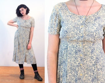 80s Floral Midi Dress M, Navy Beige Botanical Print Vintage Rayon Button Up Grunge Short Sleeve Waist Ties, Medium