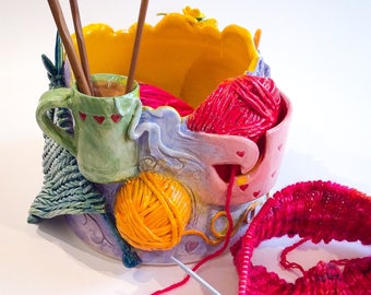 Knitting and Crochet scene yarn bowl.