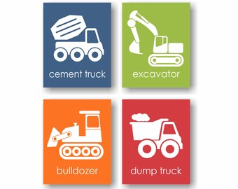 Construction Truck Wall Art, Little Boys Room, Construction Nursery, Cement Mixer, Excavator, Bulldozer, Dump Truck, Playroom Wall Art
