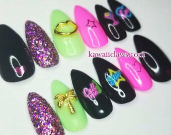 Neon & Glitter Signs Swarovski Gel Nail Art Press on Nails