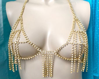 Gold rhinestone crystal bra lingerie body jewelry burlesque festival bridal halter top