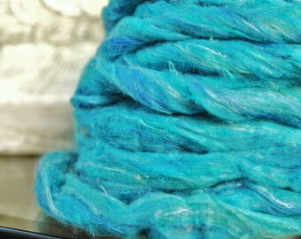 NEW COLORWAY! Aqua Pulled Sari Silk Carded Roving Silk Waste Blending Fiber Now Great Price