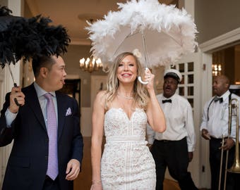 Bride and Groom New Orleans Wedding Second Line Umbrellas- set of 2- MEDIUM or LARGE size- wedding parasols- Mrs and Mrs- white ivory black