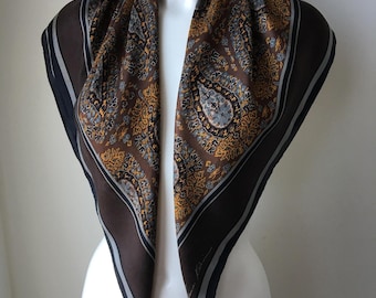 90s silk scarf paisley print brown gray bronze floaty rolled hem rectangular neck scarf headscarf sophisticated shoulder shawl