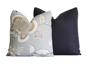 Schumacher Hot House Flowers in Mineral / Decorative Pillow Cover / Blue, Taupe, and Ivory Floral Pillow Cover