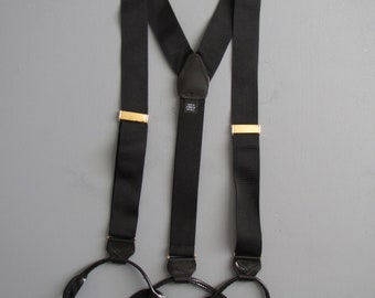Vintage Black Suspenders - button on - gold details