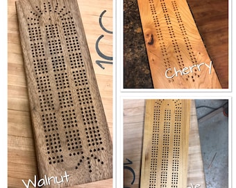 Cribbage Board, Handmade Walnut, Maple, or Cherry, Continuous Track with Metal Playing Pegs/Storage. 3 or 4 tracks. Engraving available.