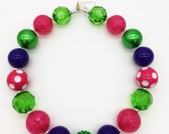 Toddler or Girls Rainbow Chunky Necklace - St Patrick's Day Chunky Necklace - Pink Purple Green Bubblegum Neklace - Rainbow Party Favor