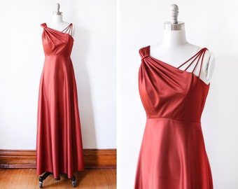 vintage 70s maxi dress, 1970s disco dress, copper rust brown slinky strappy jersey party dress, extra small xs