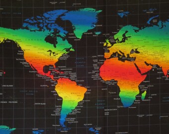 rainbow colorful on black world map print pure cotton fabric by the yard