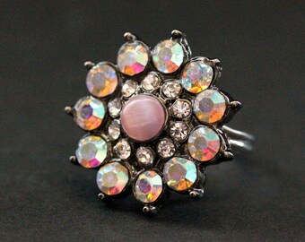 Vintage Button Ring. Pink Rhinestone Ring. Rhinestone Flower Ring. Adjustable Ring. Handmade Jewelry.