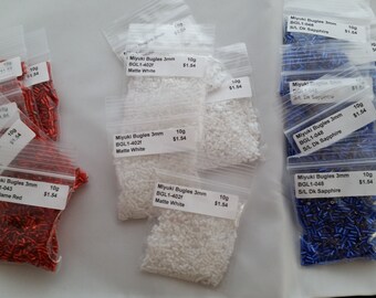 3mm Miyuki Bugle Bead Bundle Red White and Blue 150grams Item #107