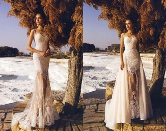 Emily - Nuage Volant Mermaid Lace Wedding Dress/ Fit and Flare /Detachable Train/Poshfair