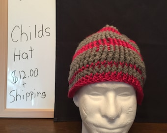 Pink and gray stripe childs winter hat