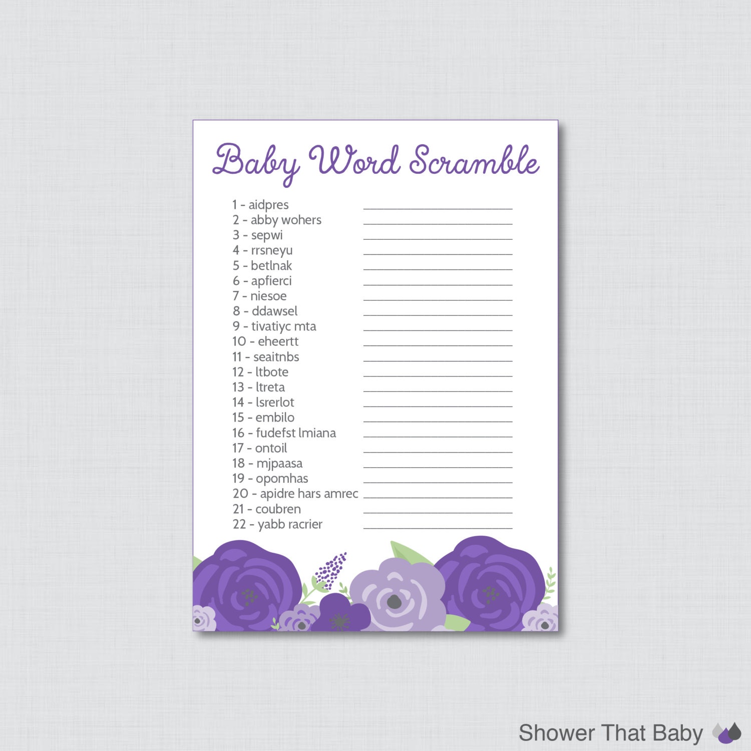 Purple Baby Shower Word Scramble Game Printable Instant