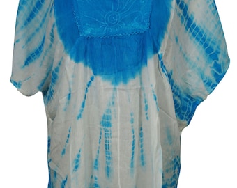 BLUE Tie Dye Cover Up Top Kimono Style Gypsy Boho Chic Summer Fashion Rayon Loose Comfy Blouse Kaftan Top