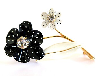Vintage Enamel Flower Brooch Avon Polka Dot Black White Pin