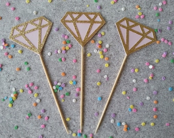 12 Gold glitter and pink diamond donut pick, pink, cupcake pick toppers, appetizer picks, engagement ring, bridal shower, toothpick, skewer