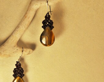 Drop macrame earrings with tiger eye stone,lovely handmade boho hand knotted earrings ,protection and good luck jewelry