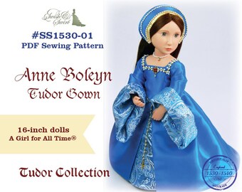 PDF Pattern #SS1530-01. Anne Boleyn Tudor Gown for A Girl for All Time dolls.