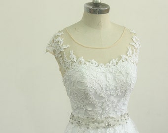 Keyhole back white A line lace wedding dress with elegant beading sash